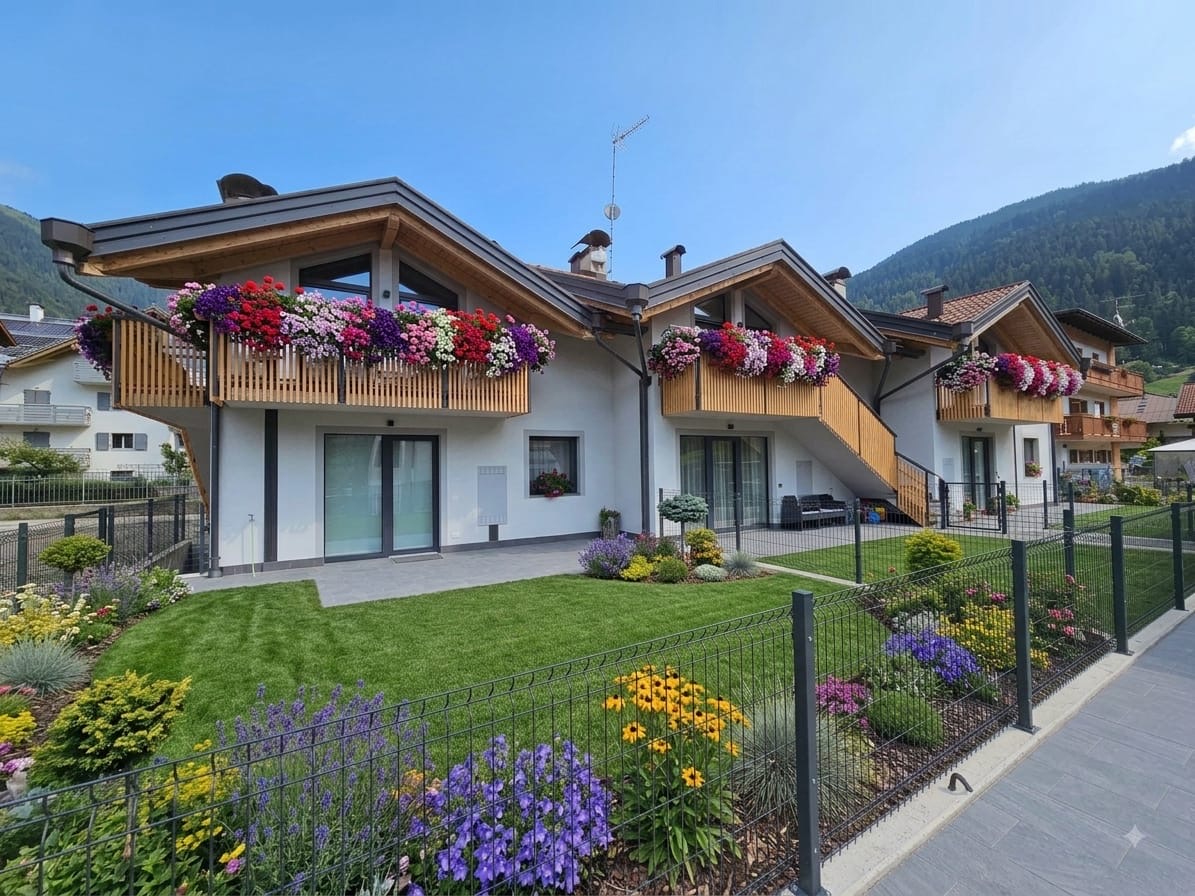 Facciata dello chalet con balconi in legno e fiori
