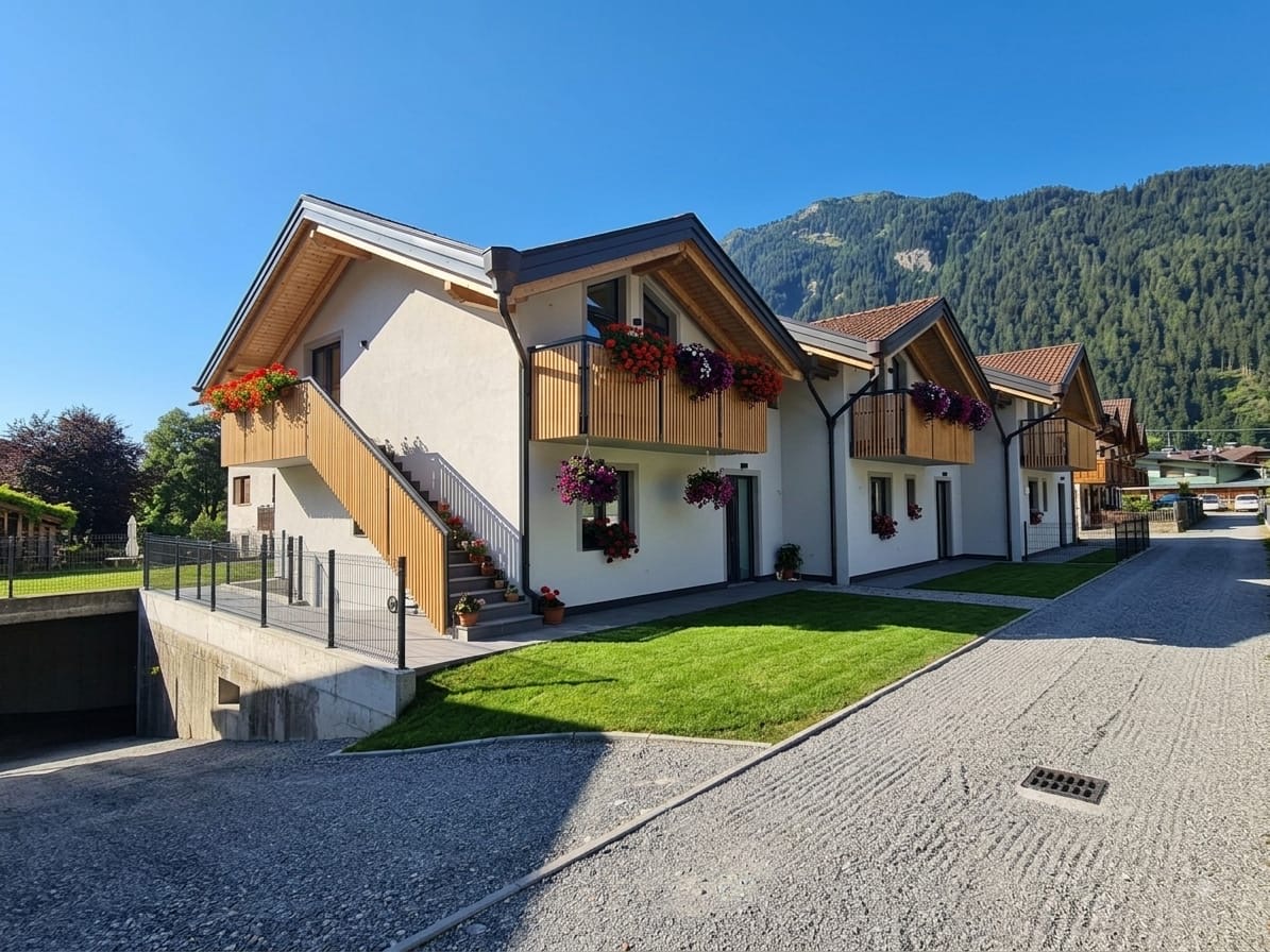 Vista laterale della palazzina tra il verde e le montagne
