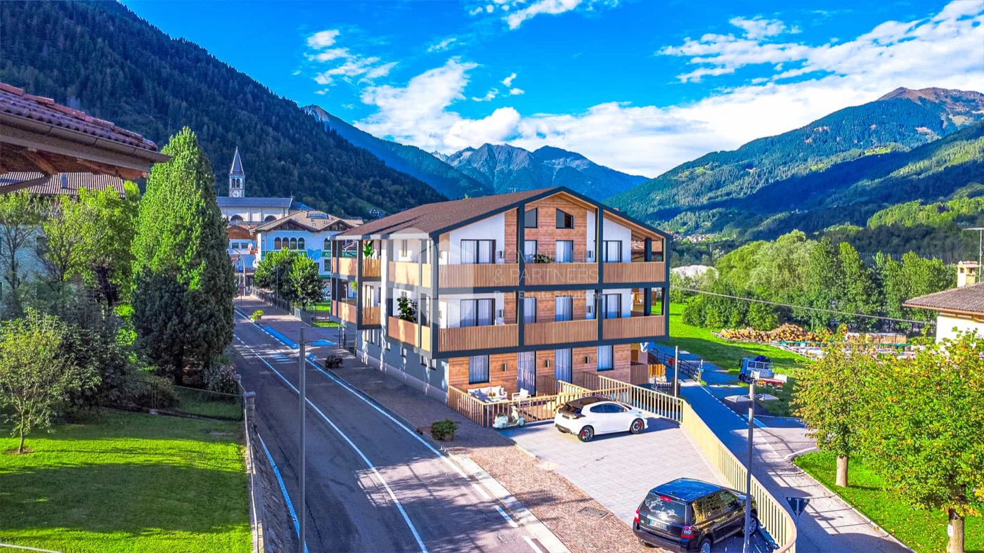 Render esterno della nuova residenza in costruzione a Strembo, Val Rendena, tra le montagne